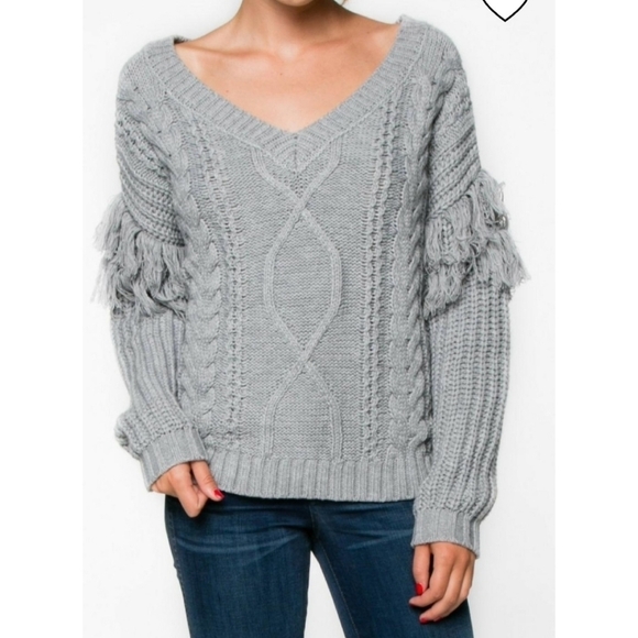 Everly Sweaters - Everly gray cable knit fringe sweater